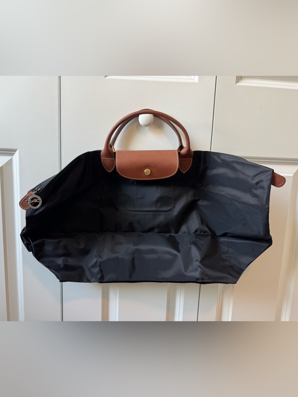NWOT Longchamp Black Nylon Tote with Brown Leather Flap and Handles